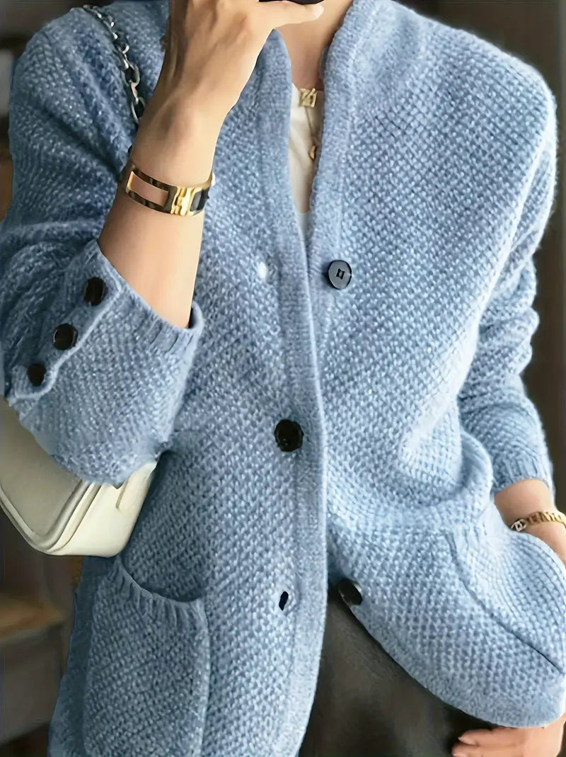 Women's Textured Stand Collar Cardigan – Button Front Patch Pockets Market Visit