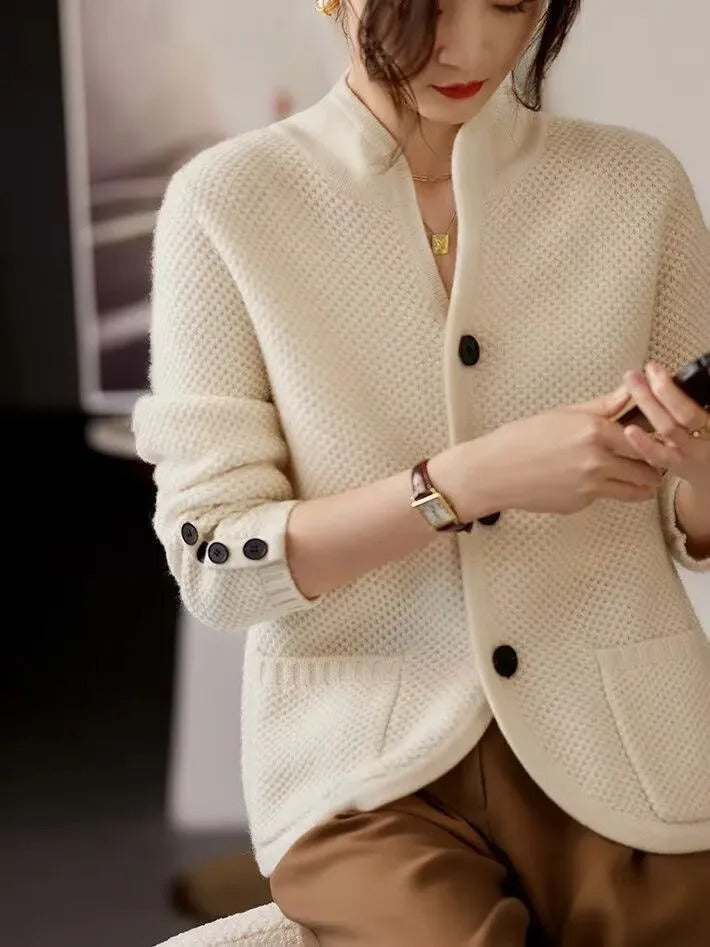 Women's Textured Stand Collar Cardigan – Button Front Patch Pockets Market Visit