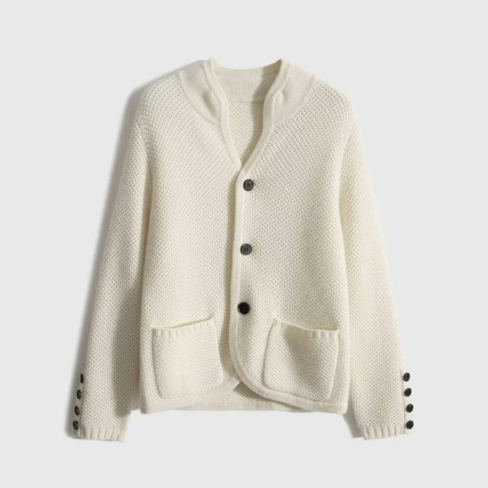 Women's Textured Stand Collar Cardigan – Button Front Patch Pockets Market Visit