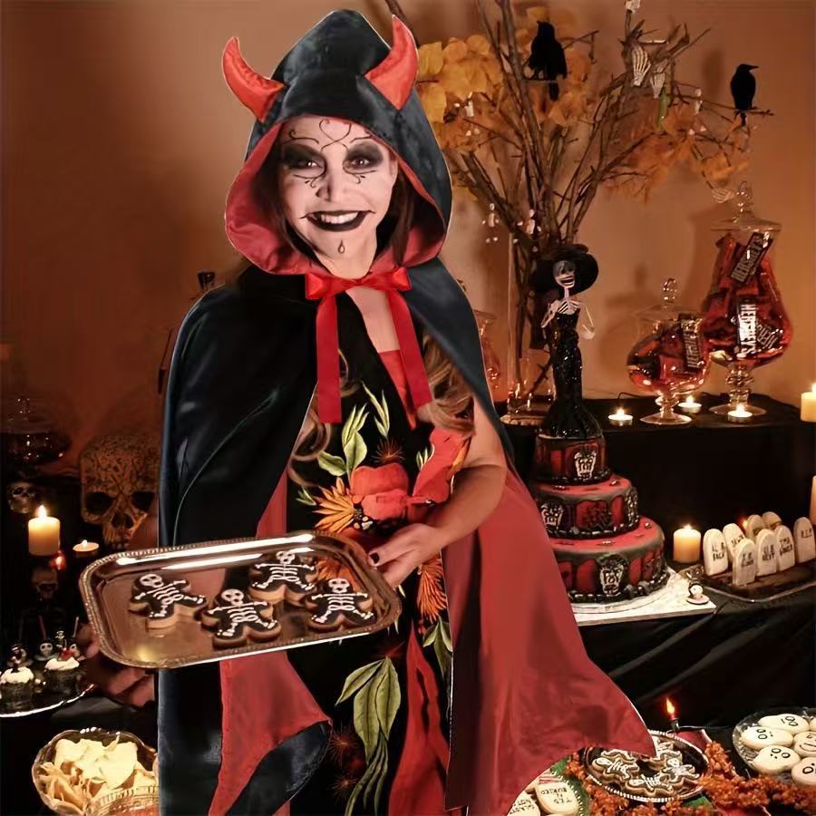 Women's Vampire Cape – Hooded Horn Detail Bow Tie Halloween Costume