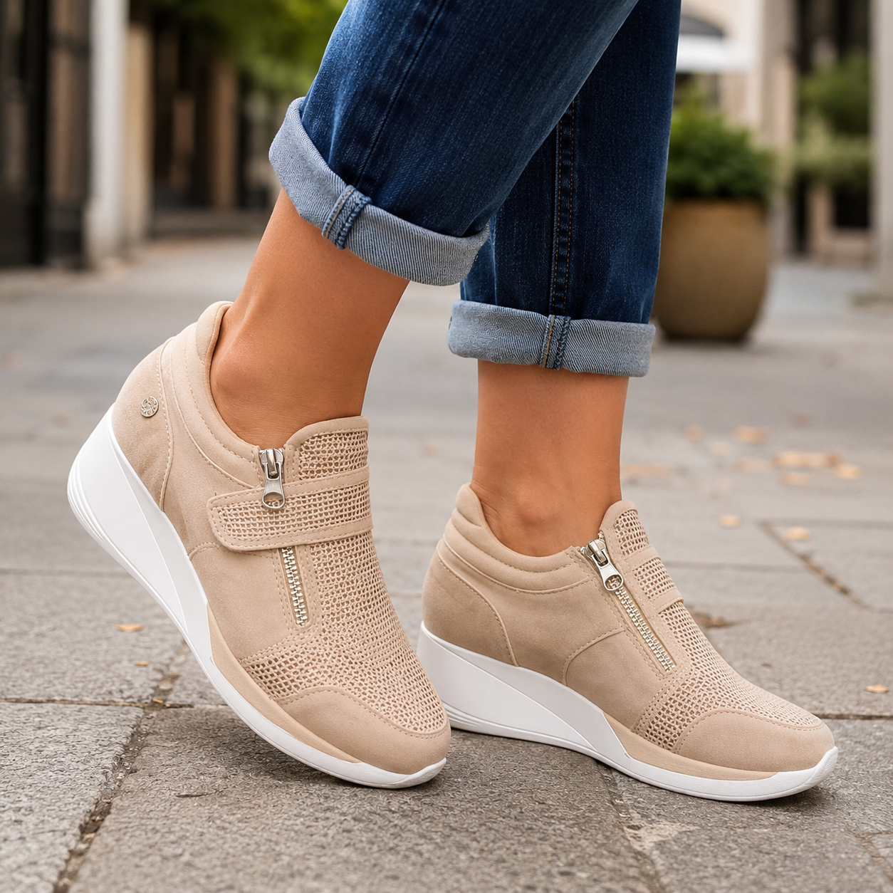Women's Wedge Perforated Sneakers – Zip Front Strap Detail Coffee Runs