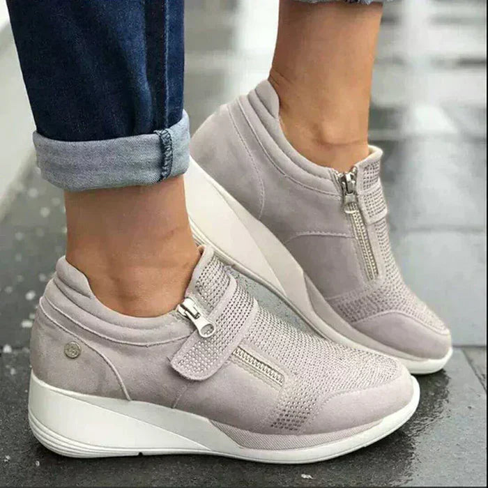 Women's Wedge Perforated Sneakers – Zip Front Strap Detail Coffee Runs