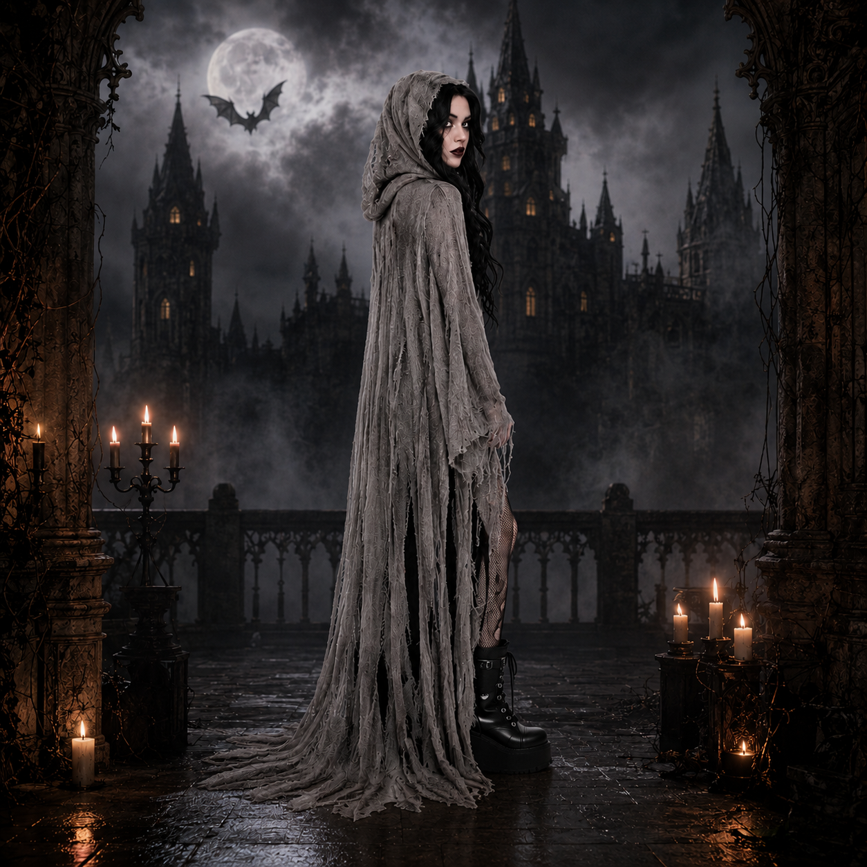 Women's Witch Hooded Costume – Shredded Cape Open Front Halloween Party