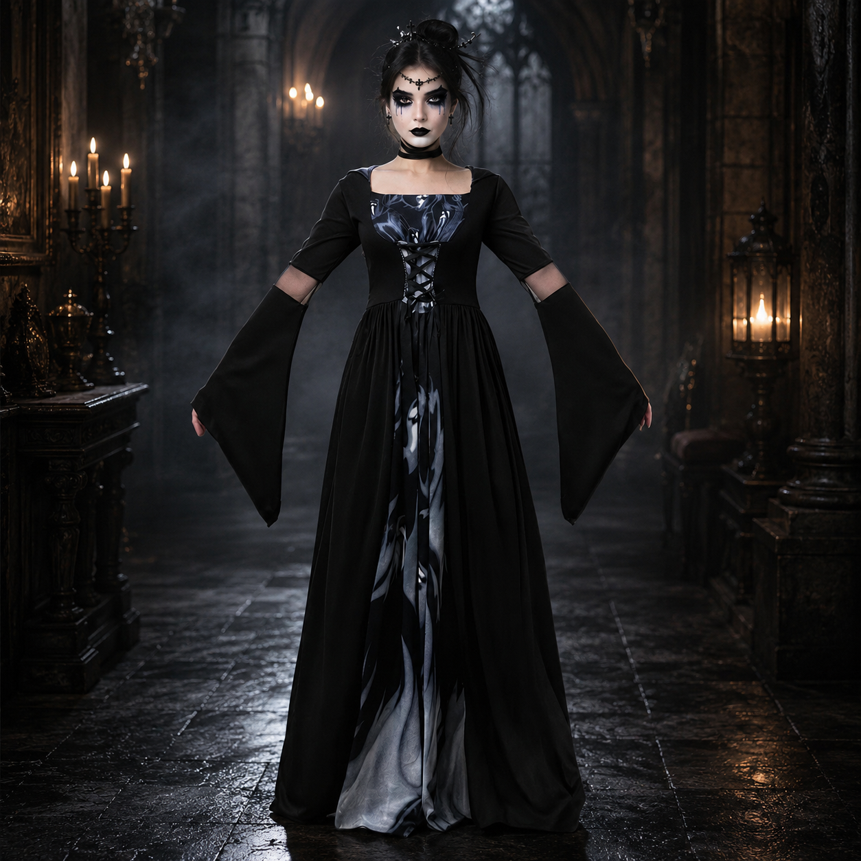 Women's Witch Hooded Dress – Lace Up Bell Sleeve Halloween Costume