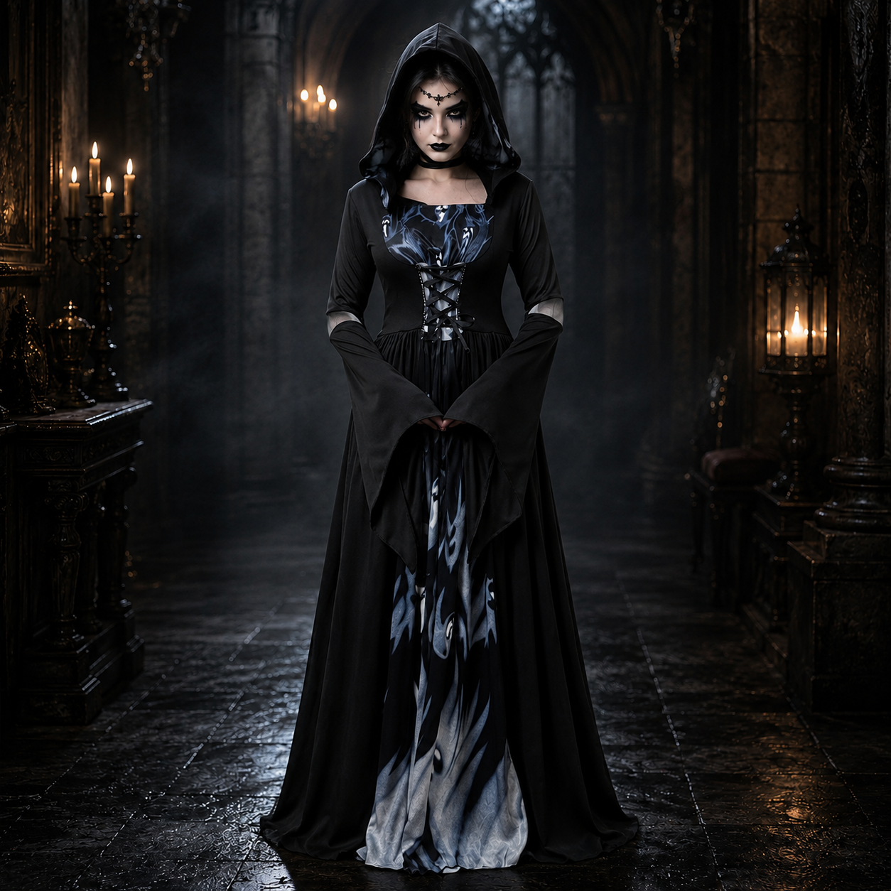 Women's Witch Hooded Dress – Lace Up Bell Sleeve Halloween Costume