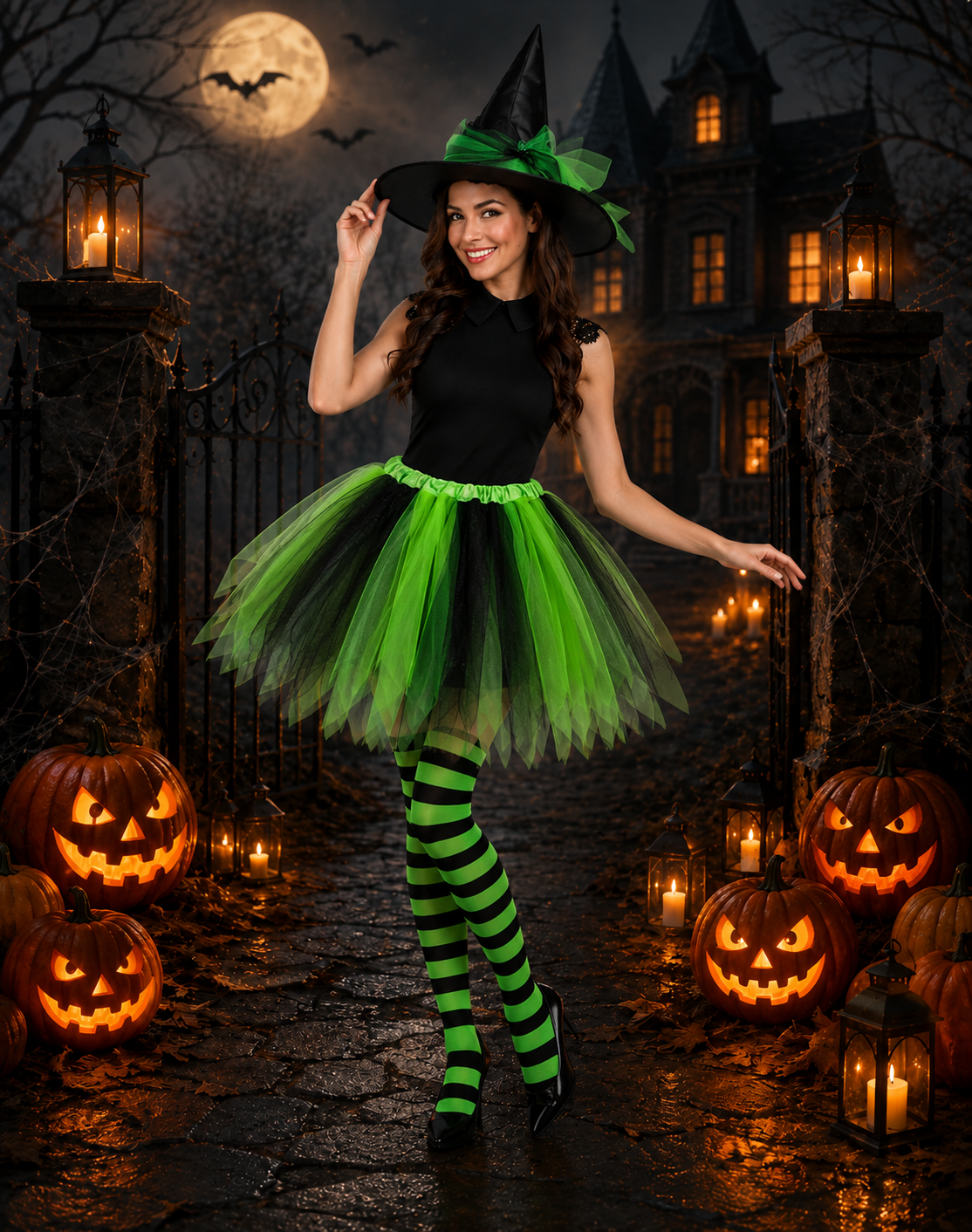 Women's Witch Striped Costume – Pointed Hat Layered Tutu Halloween Party