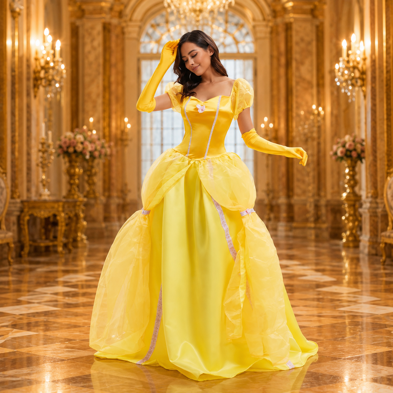 Women's Yellow Princess Dress Costume – Sweetheart Puff Sleeve Gloves Halloween Party