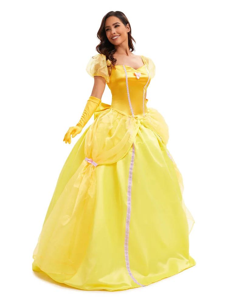 Women's Yellow Princess Dress Costume – Sweetheart Puff Sleeve Gloves Halloween Party