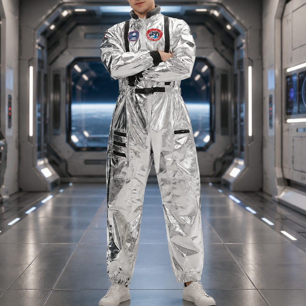 Men's Astronaut Jumpsuit Costume – Zip Front Long Sleeve Patch Detail Halloween Party