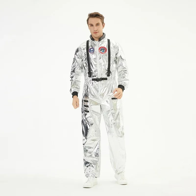 Men's Astronaut Jumpsuit Costume – Zip Front Long Sleeve Patch Detail Halloween Party