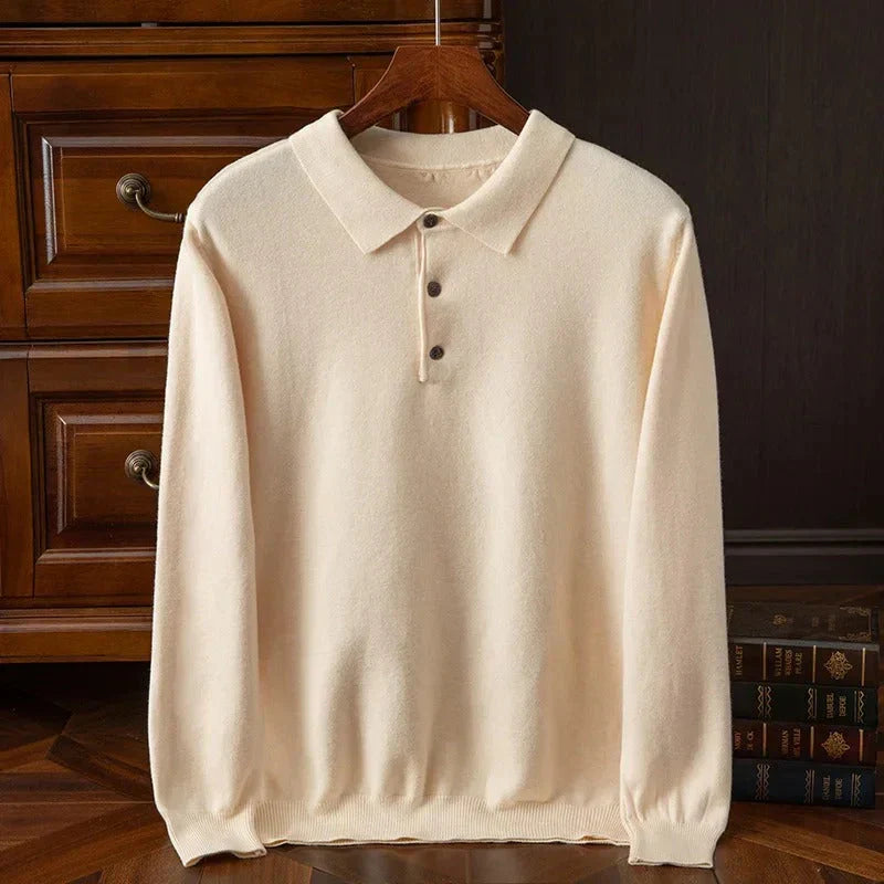 Men's Long Sleeve Plain Polo Sweater – Collared Button Placket Commuting