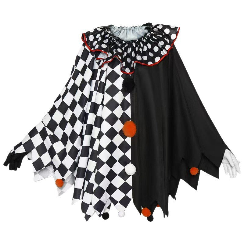 Men's Clown Checkerboard Costume – Poncho Cape Gloves Halloween Party