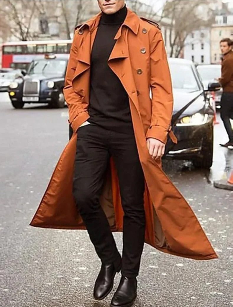 Men's Double-Breasted Trench Coat – Wide Lapel Waist Belt Theater Evenings