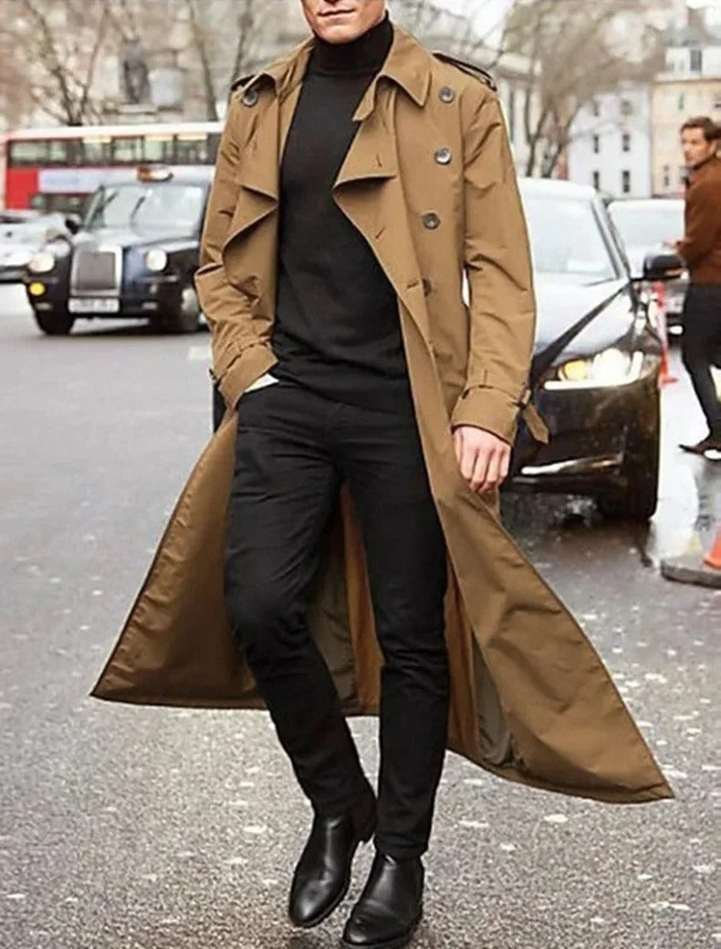 Men's Double-Breasted Trench Coat – Wide Lapel Waist Belt Theater Evenings