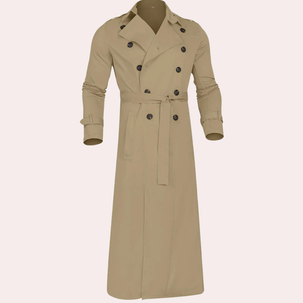 Men's Double-Breasted Trench Coat – Wide Lapel Waist Belt Theater Evenings