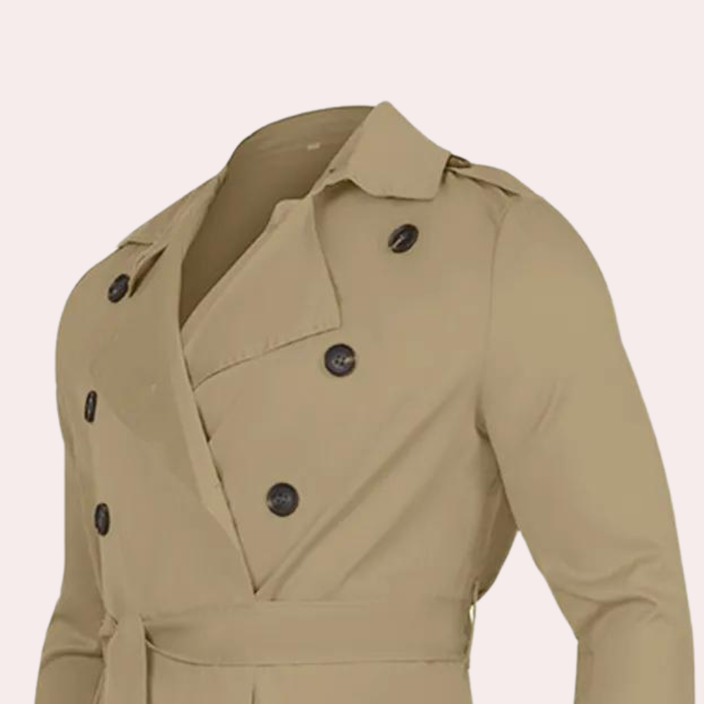 Men's Double-Breasted Trench Coat – Wide Lapel Waist Belt Theater Evenings