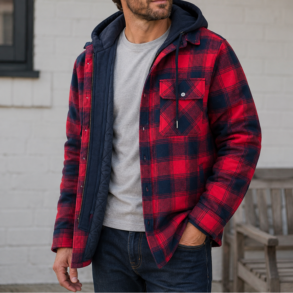 Men’s Hooded Flannel Shirt Jacket – Plaid Pattern Button Front Cabin Trips