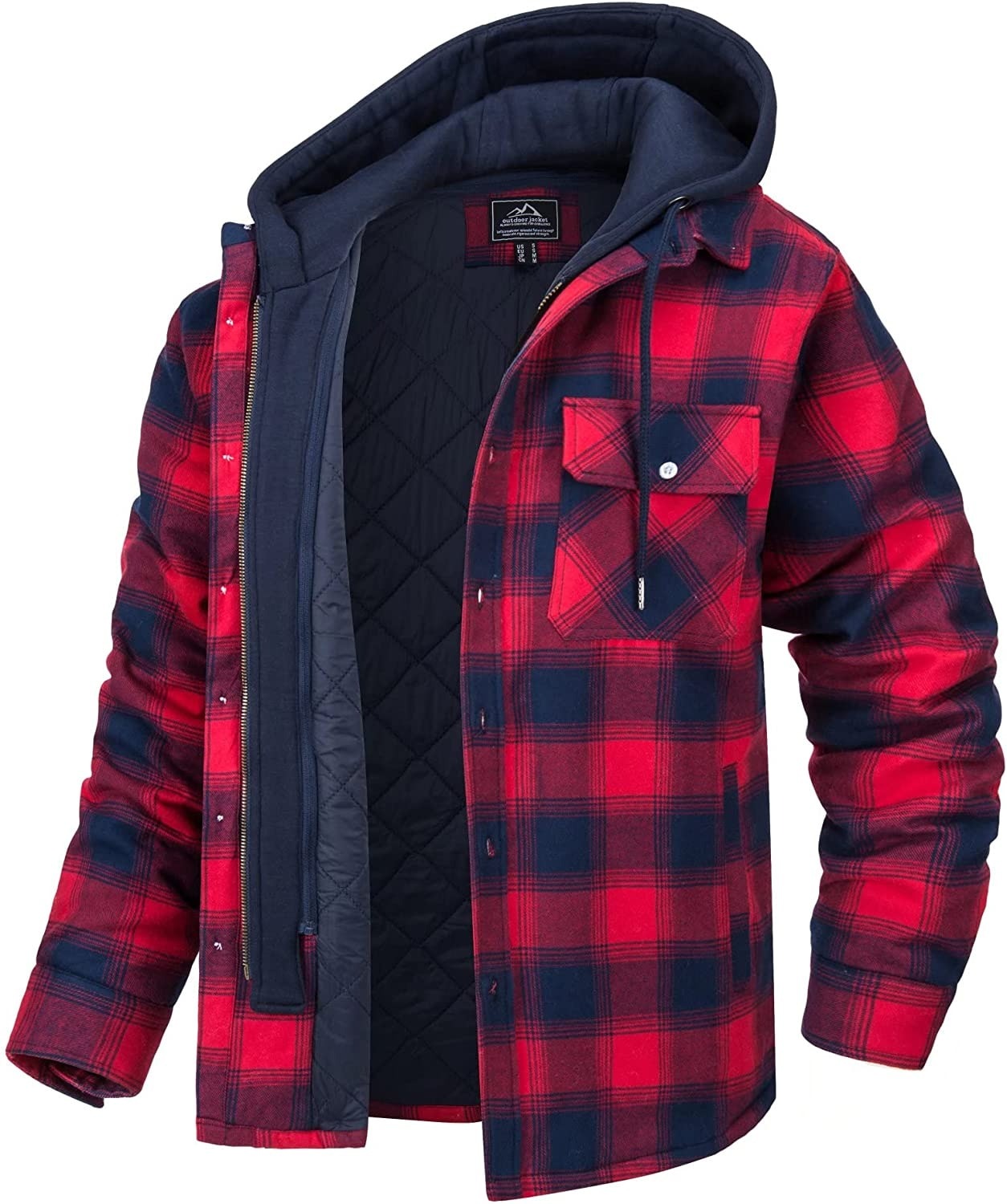 Men’s Hooded Flannel Shirt Jacket – Plaid Pattern Button Front Cabin Trips