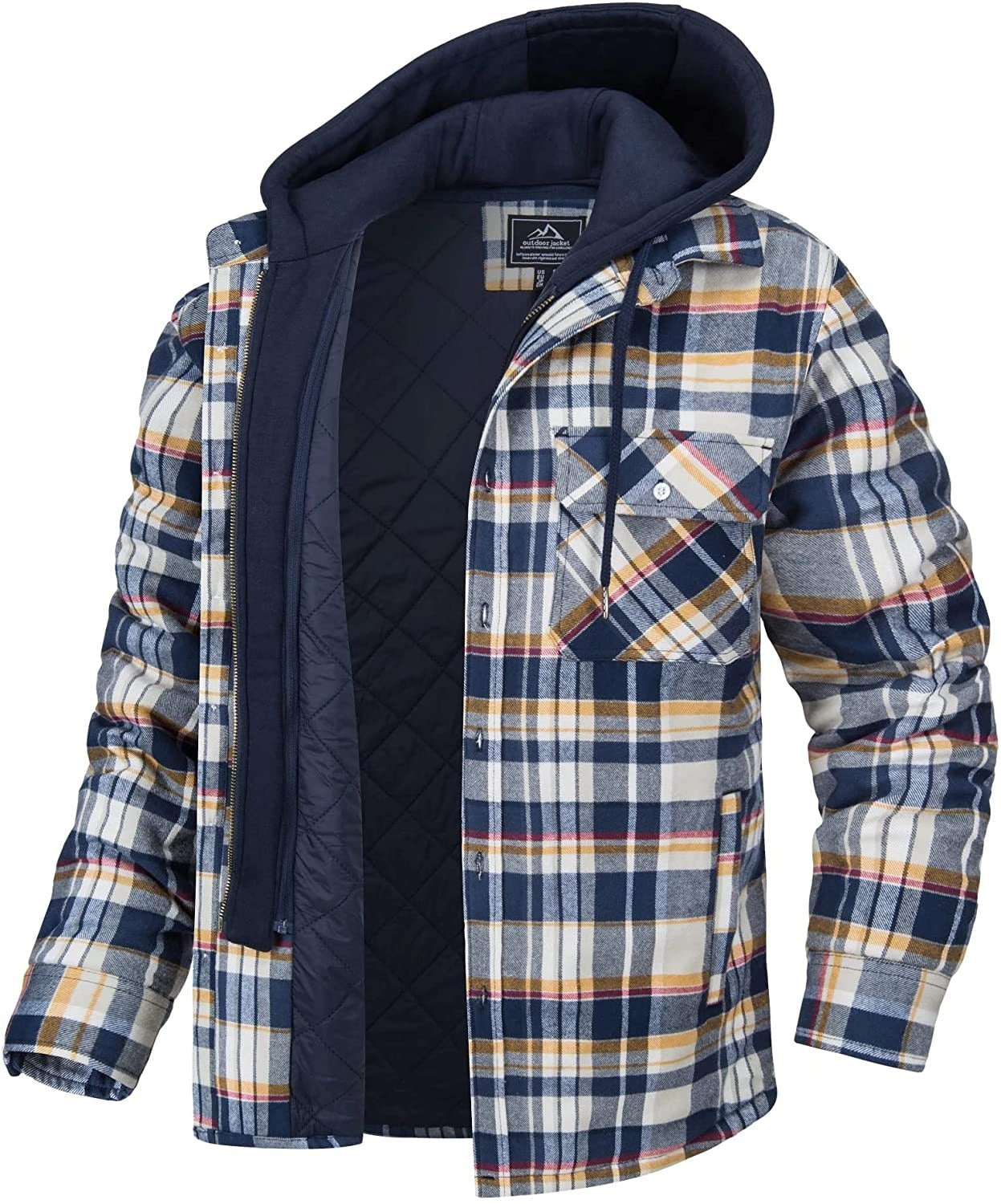 Men’s Hooded Flannel Shirt Jacket – Plaid Pattern Button Front Cabin Trips