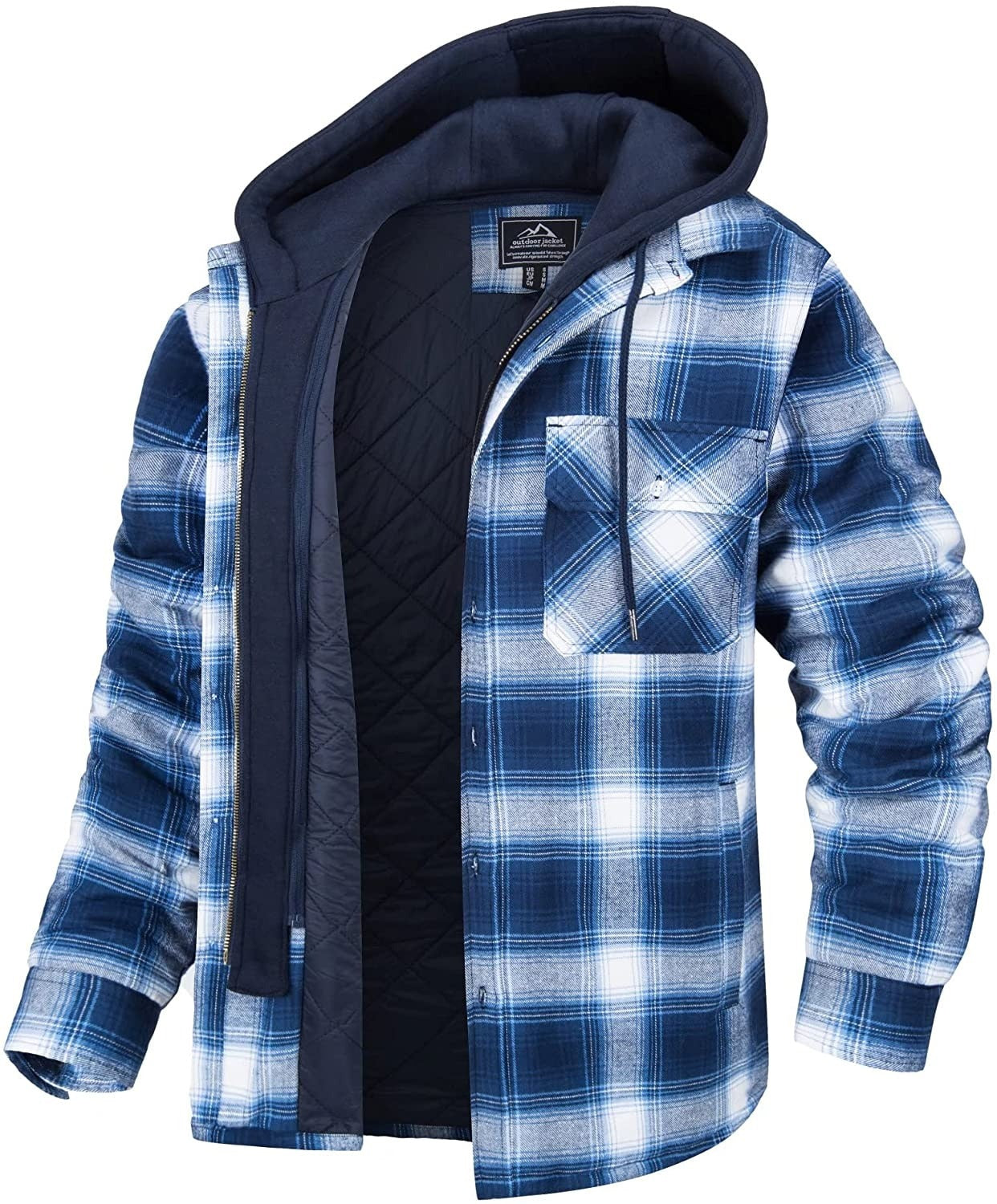 Men’s Hooded Flannel Shirt Jacket – Plaid Pattern Button Front Cabin Trips