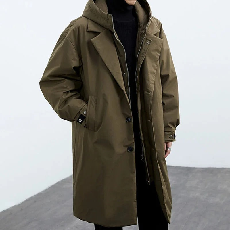 Men's Hooded Layered Trench Coat – Button Front Long Sleeve Commute Days