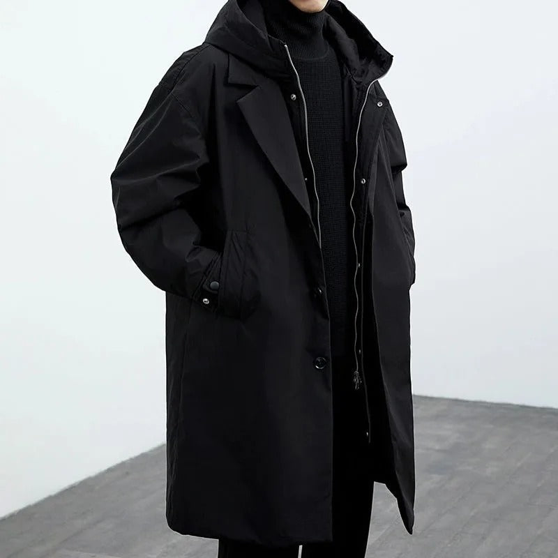 Men's Hooded Layered Trench Coat – Button Front Long Sleeve Commute Days