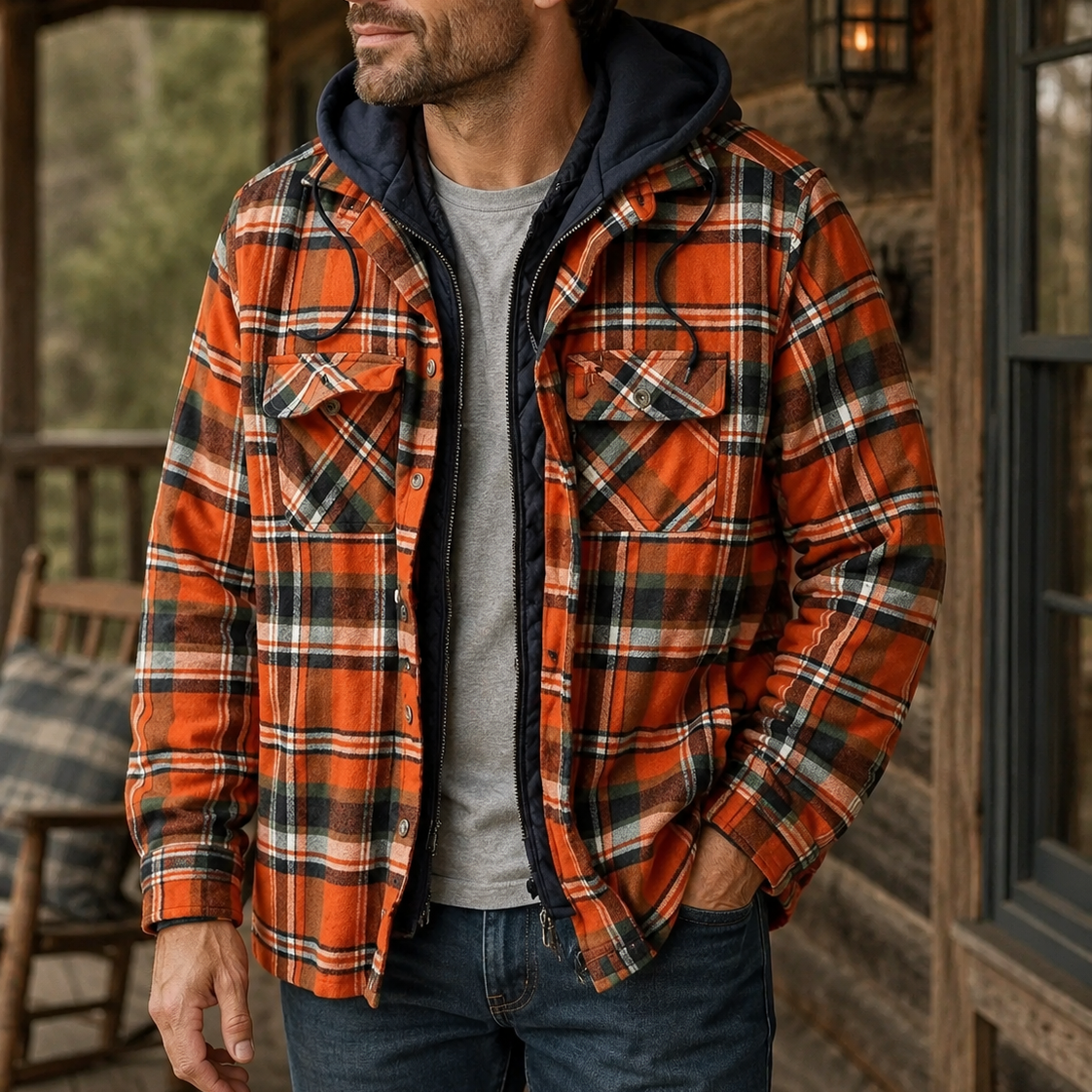 Men's Hooded Quilted Flannel Shirt Jacket – Plaid Long Sleeve Campfire Evenings