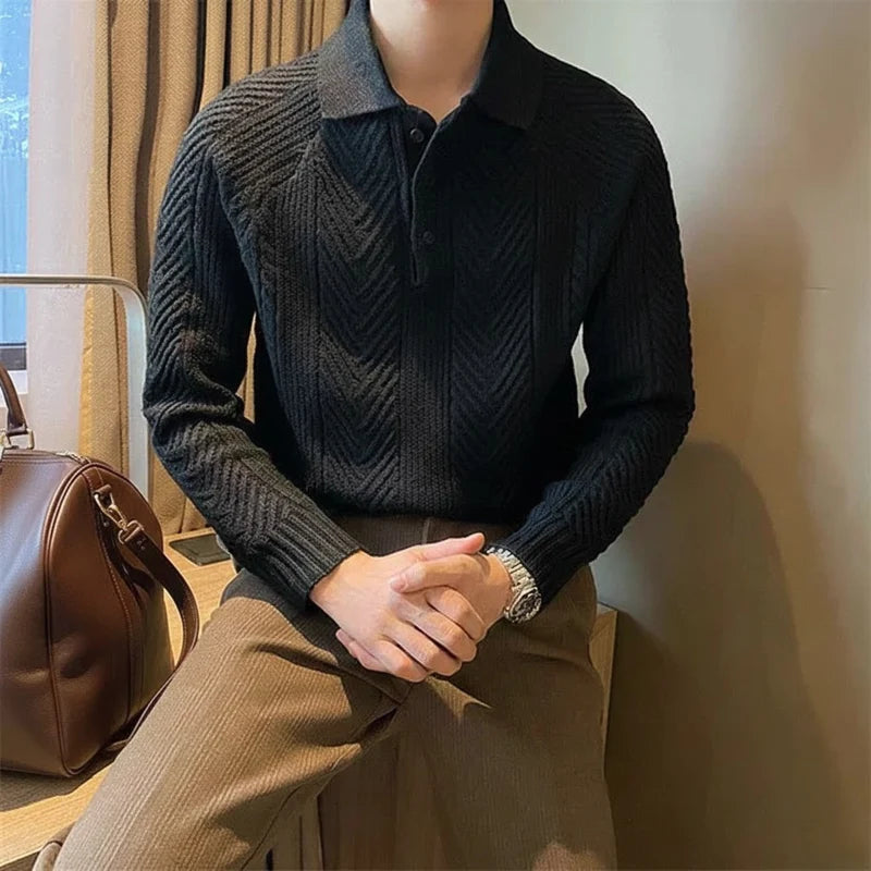 Men's Long Sleeve Textured Polo Sweater – Collared Button-Neck Evenings