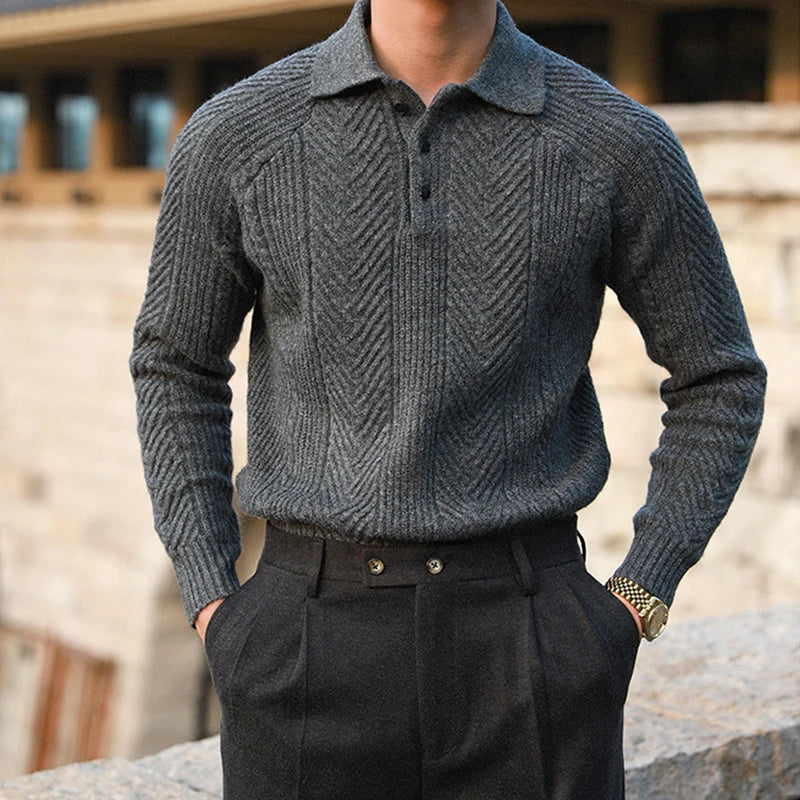 Men's Long Sleeve Textured Polo Sweater – Collared Button-Neck Evenings