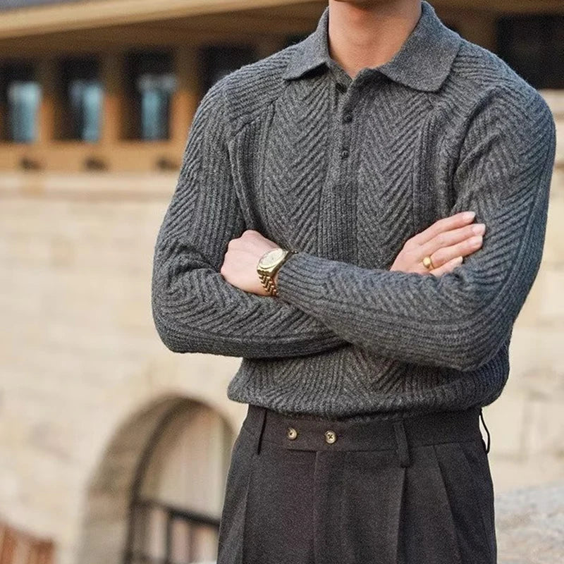 Men's Long Sleeve Textured Polo Sweater – Collared Button-Neck Evenings