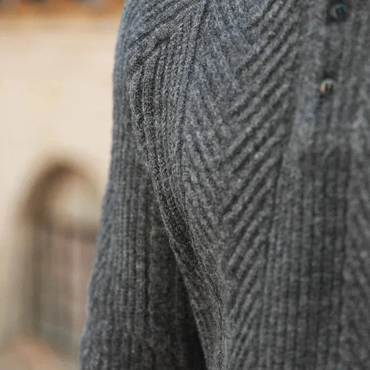 Men's Long Sleeve Textured Polo Sweater – Collared Button-Neck Evenings