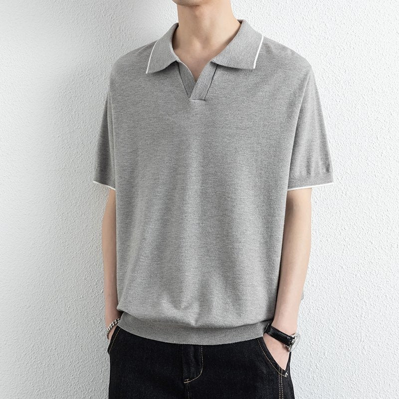 Men's Pullover Contrast Trim Polo Shirt – V Neck Short Sleeves Lunch Outings