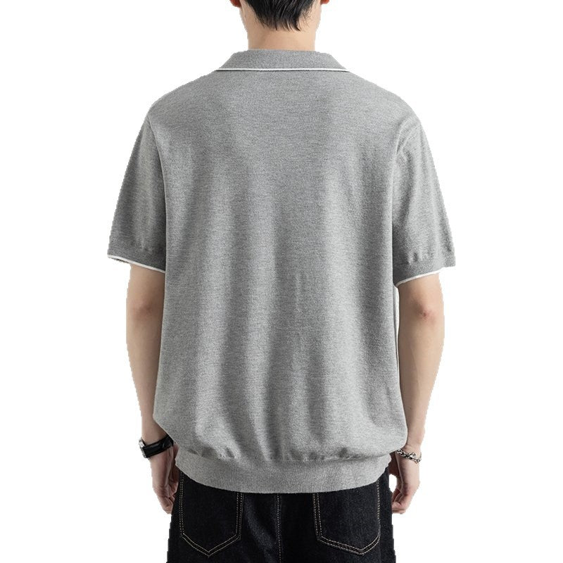 Men's Pullover Contrast Trim Polo Shirt – V Neck Short Sleeves Lunch Outings
