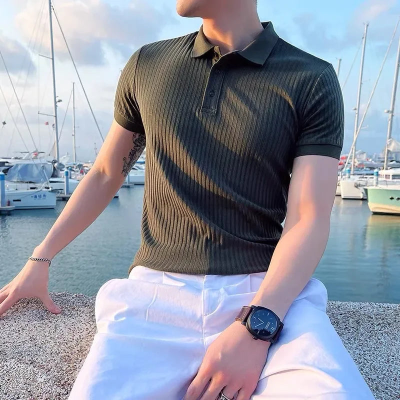 Men's Pullover Ribbed Polo Shirt – Short Sleeves Button Placket Marina Evenings
