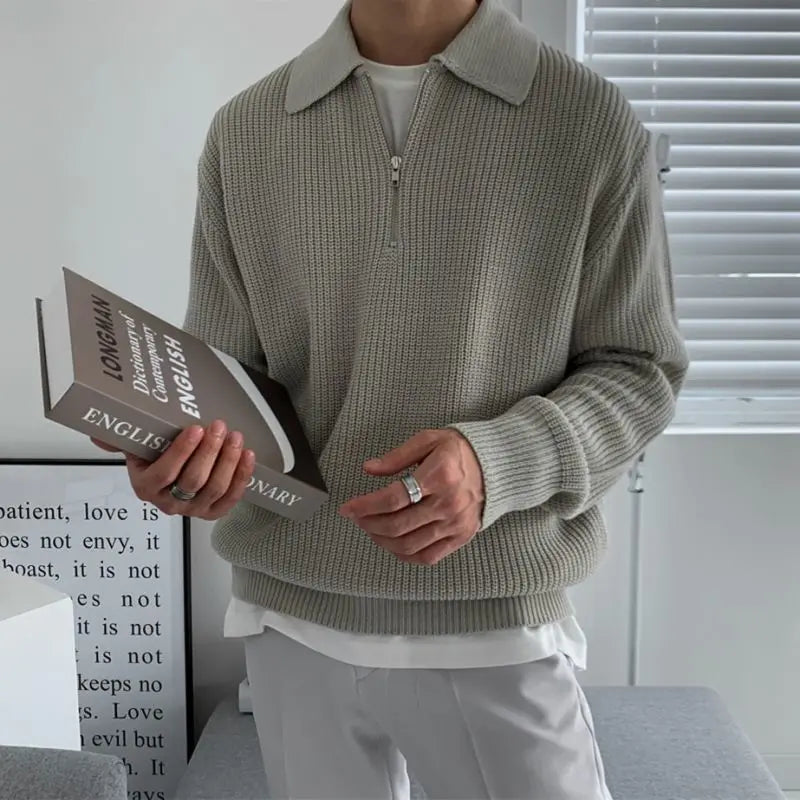 Men's Pullover Ribbed Polo Sweater – Quarter Zip Long Sleeves Museum Visits