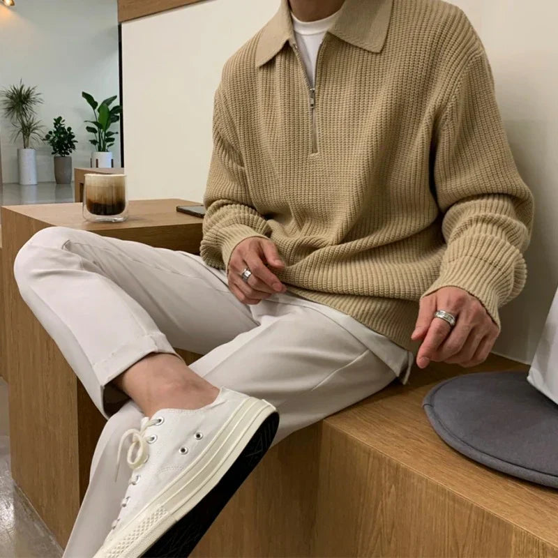 Men's Pullover Ribbed Polo Sweater – Quarter Zip Long Sleeves Museum Visits
