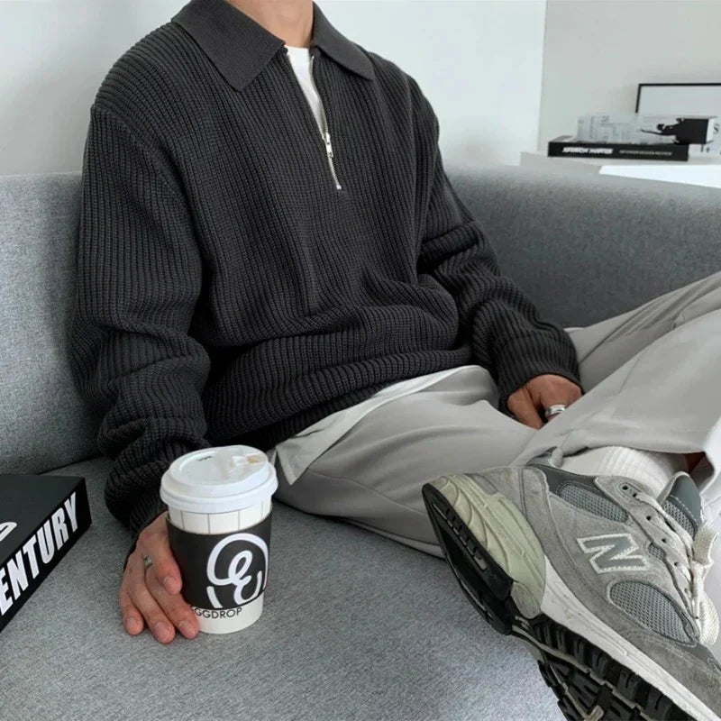 Men's Pullover Ribbed Polo Sweater – Quarter Zip Long Sleeves Museum Visits