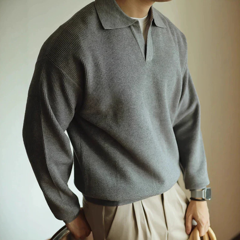 Men's Pullover Textured Polo Sweater – Collared V Neck Long Sleeves Receptions