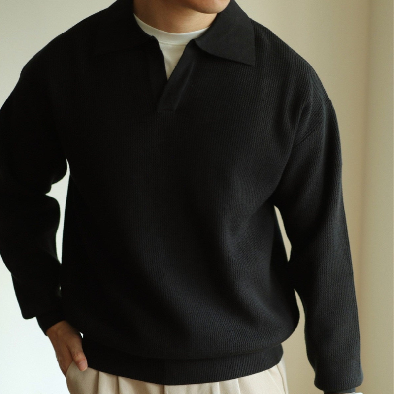 Men's Pullover Textured Polo Sweater – Collared V Neck Long Sleeves Receptions