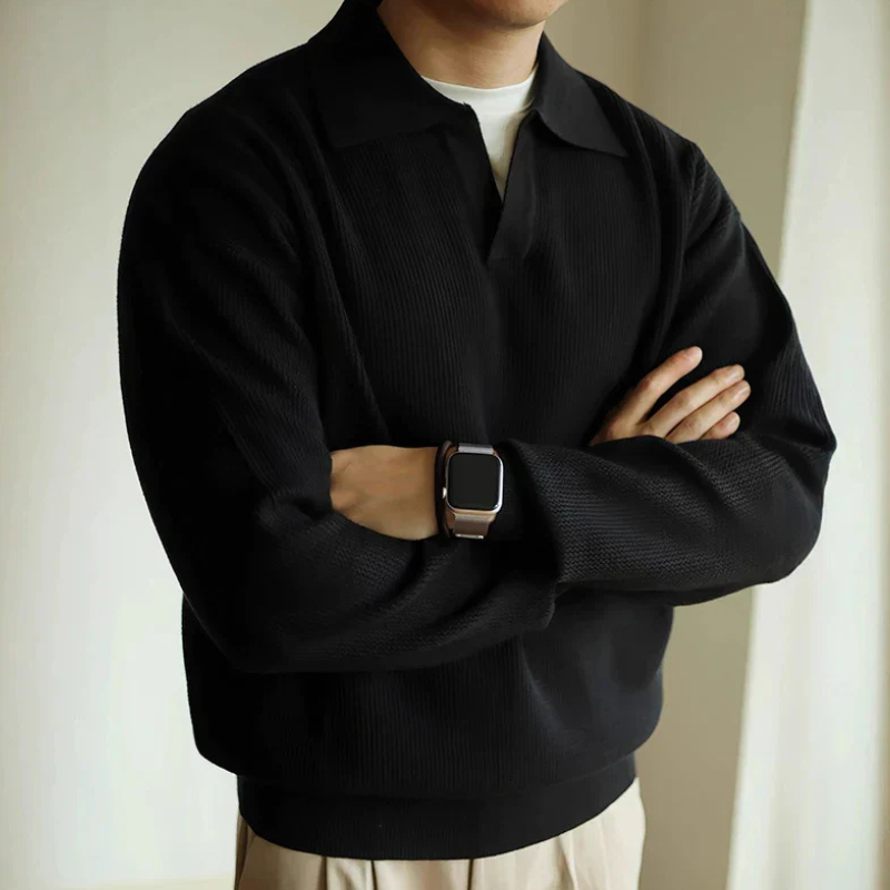 Men's Pullover Textured Polo Sweater – Collared V Neck Long Sleeves Receptions