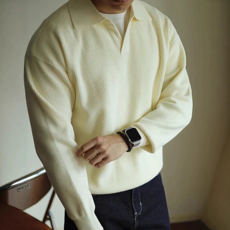 Men's Pullover Textured Polo Sweater – Collared V Neck Long Sleeves Receptions