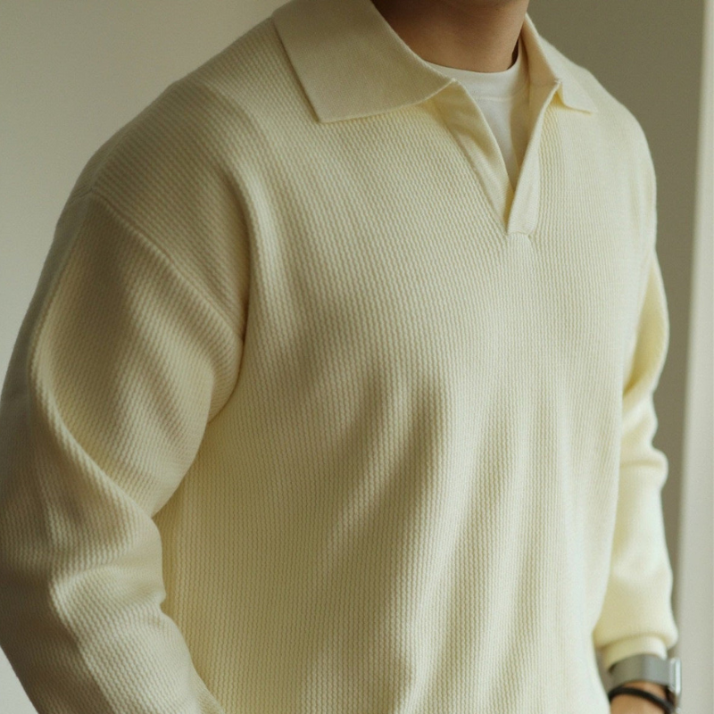 Men's Pullover Textured Polo Sweater – Collared V Neck Long Sleeves Receptions