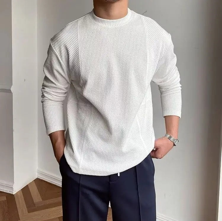 Men's Pullover Textured Sweater – Crew Neck Long Sleeves Theater Evenings