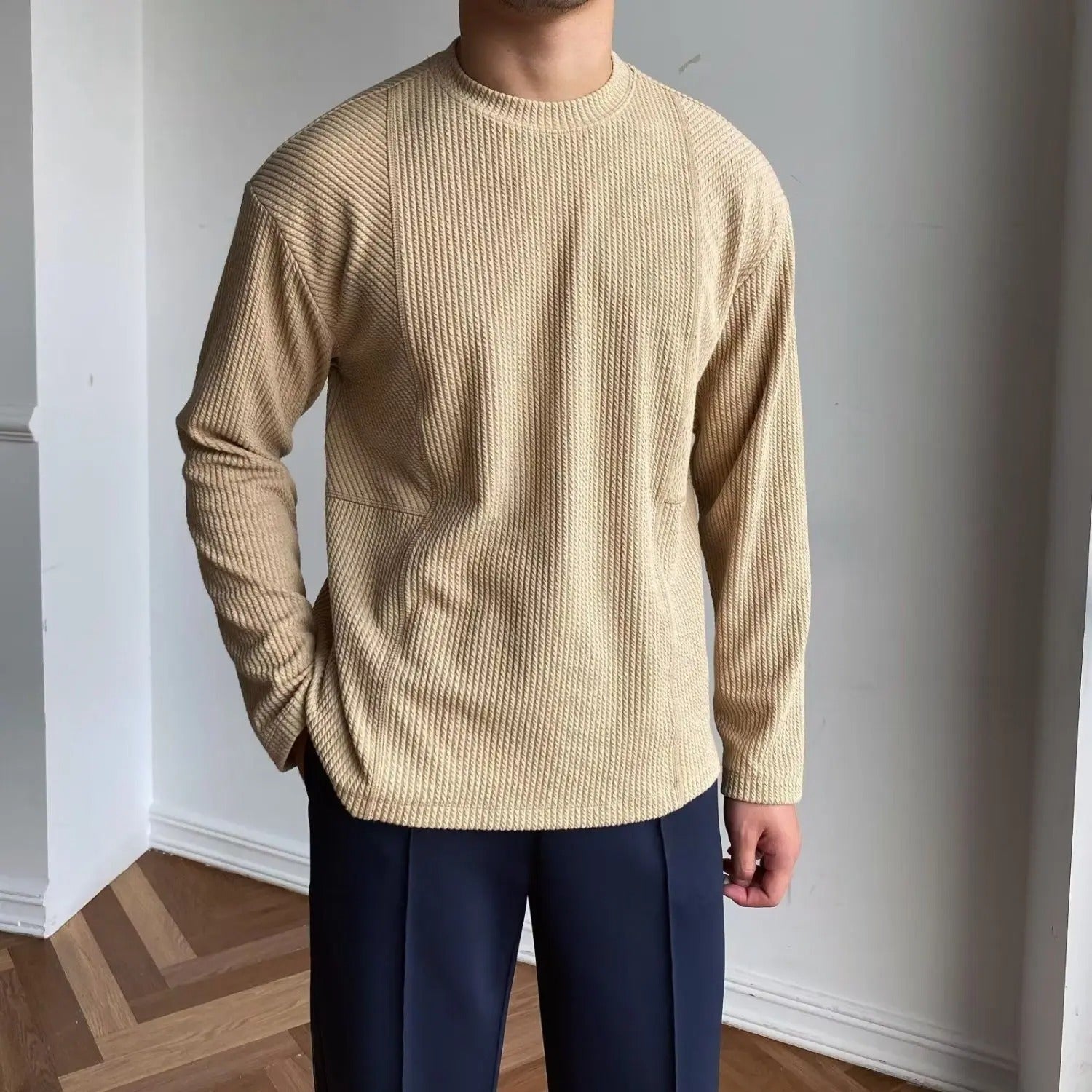 Men's Pullover Textured Sweater – Crew Neck Long Sleeves Theater Evenings