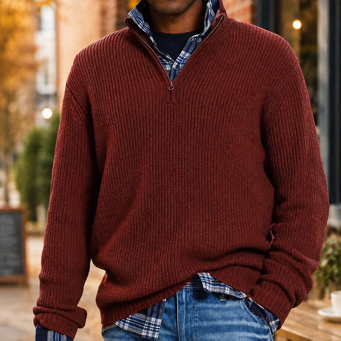Men's Ribbed Quarter-Zip Knitted Sweater – Stand Collar Long Sleeves Art Shows