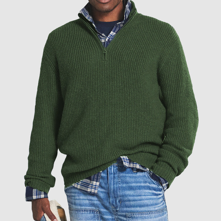 Men's Ribbed Quarter-Zip Knitted Sweater – Stand Collar Long Sleeves Art Shows