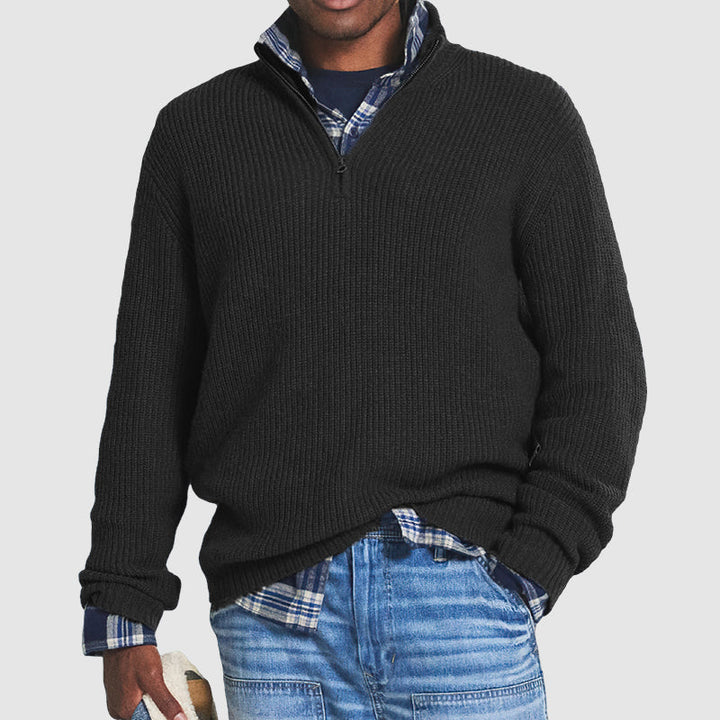 Men's Ribbed Quarter-Zip Knitted Sweater – Stand Collar Long Sleeves Art Shows