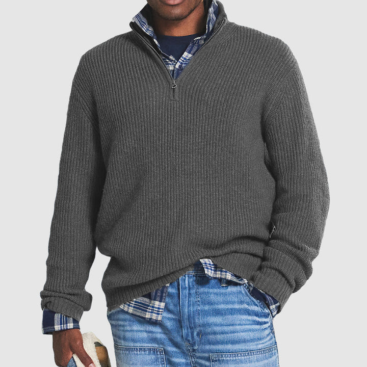 Men's Ribbed Quarter-Zip Knitted Sweater – Stand Collar Long Sleeves Art Shows