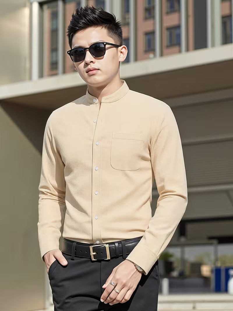 Men's Stand Collar Long Sleeve Shirt – Button Front Chest Pocket Office Days