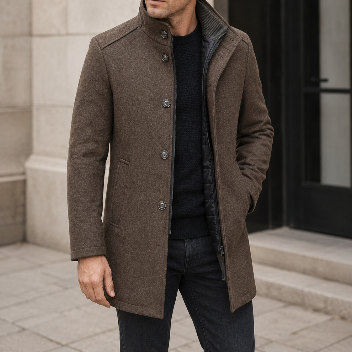 Men's Stand Collar Textured Coat – Button Front Inner Zip Seasonal Gatherings